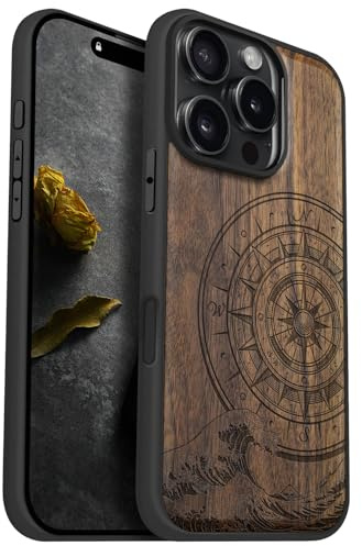 Carveit Handyhülle für iPhone 16 Pro, Nussbaum-Kanagawa Waves | Holz Cover kompatibel MagSafe Silikon Stoßfeste Case, Magnetisch Hull für iPhone 16 Pro Handyhulle