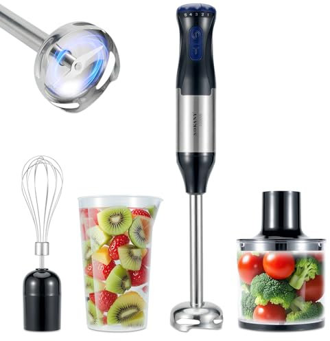 4-in-1 Hand Blender, 1000W Hand Held Blenders For Kitchen, 5 Speed Stainless Steel Blade With Turbo Mode，Baby Food Immersion Handheld Blender With Blender, Whisk, 500ML Chopper & 700ml Juice Cup