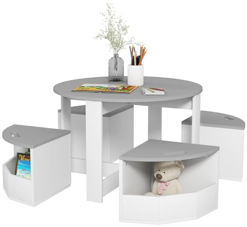 AIYAPLAY Kids Table and Chairs Set, Five-Piece Childrens Table and Chair Set with Storage, Children Activity Table for Ages 3-8 Years, Grey