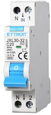 230V 20A C20, INTERRUTTORE MAGNETOTERMICO DIFFERENZIALE SALVAVITA, 1P+N, MONTAGGIO SU BARRA DIN, 1 MODULO, 30mA, 6KA 6000A, RCBO, 240VAC