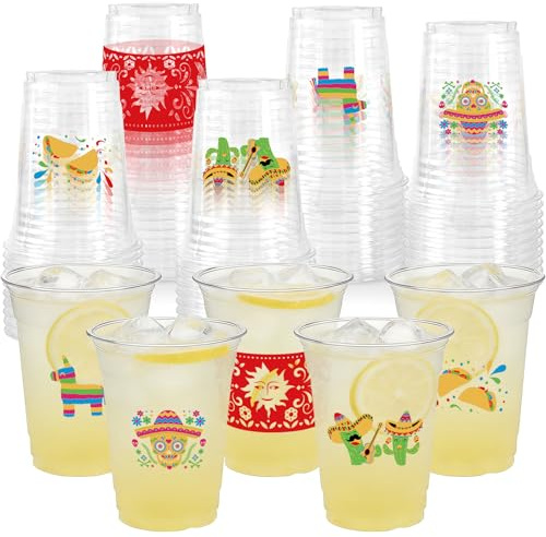 CUPLOOV 100Pcs Fiesta Cups,12 OZ Plastic Disposable Clear Mexican Cups for Cinco De Mayo Drinkware Party Supplies Fiesta Taco Birthday Party Decorations, 5 Designs