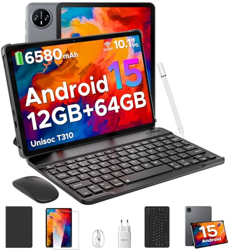 DOOGEE Tab A9 Tablette Android 15, Tablette 10 Pouces,Unisoc T310, 12GB RAM+64GB ROM(TF 2TB) Tablette avec Clavier, 6580 mAh Tablette Tactile, 5G WiFi/8MP/Type-C/GMS/Bluetooth/Face ID/Jack 3,5 mm,Gris