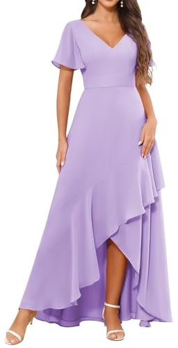 HPPEE Abito da damigella d'onore in chiffon da donna, con maniche increspate, lungo, formale, abito da sera, Lilla, 46
