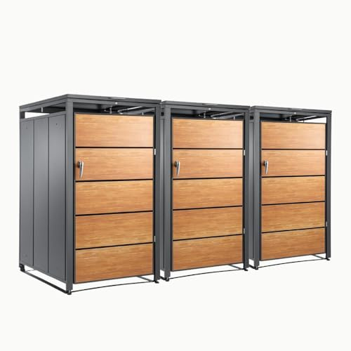 3er Mülltonnenbox für 240L Tonnen Müllcontainer für Mülltonnenverkleidung mit Verschließbare Klappe abschließbar Tonnenhaus Abfallbox Abfallbehälter Gerätebox für Garten Einfahrt Holzoptik Tür