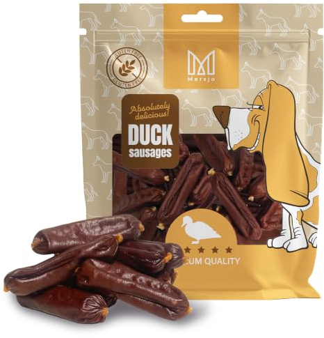 MERSJO Hundeleckerlis Premium Saucisses de canard pour chien, 500 g, sans gluten, 90 % de viande de canard, friandises naturelles pour chien