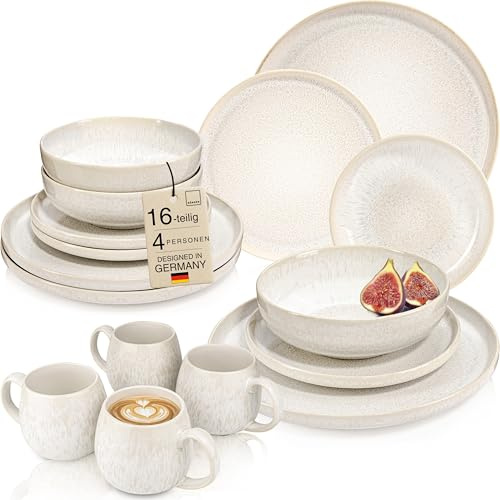 SÄNGER Korfu Geschirrset 4 Personen, Teller Set 16-tlg, Creme, Beige | Handmade steingut geschirr set, Ess-, Dessert-, tiefe Teller & Kaffeebecher, spülmaschinengeeignet, mikrowellenfest