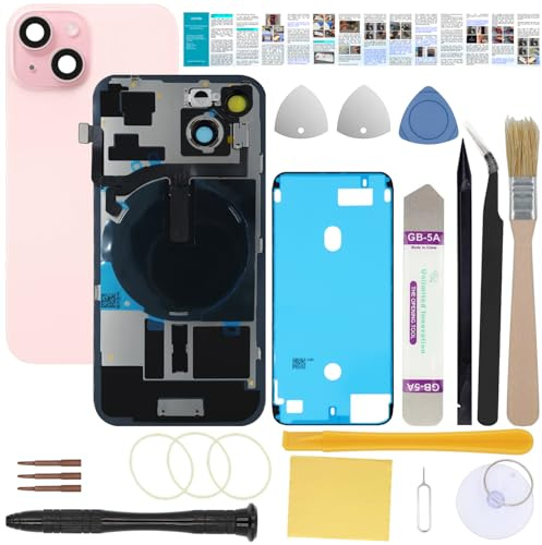 UooFide Rear Back Screen Glass Replacement Compatible with iPhone 15 6.1-Inches All Carriers (Pink) | Pre-Installed Plate + Wireless Charging Coil Flex Cable + Flashlight + Microphone + Camera Frame + Tools