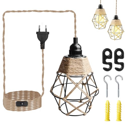 GBKDQQ Lampada a sospensione con spina, E27 con cavo di canapa da 450 cm e gabbia in metallo, lampada vintage industriale per camera da letto, soggiorno, cucina, con interruttore, senza lampadina
