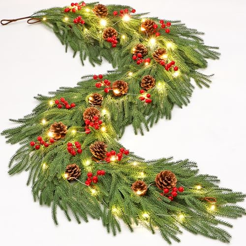 Dremisland Christmas Garland with Lights Artificial Norfolk Pine Garlands 2PCS Real Touch Norfolk Pine Garland Prelit Xmas Cypress Greenery Garland Red Berries Winter Wreath for Fireplace Stair Table