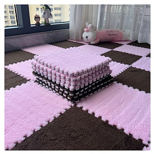 GDHKDDFL Losetas de moqueta de Felpa, Alfombra de Juego 12 Piezas con mosaicos entrelazados Espuma Suave y esponjosa for Dormitorio, 30 x cm(Rose+café Foncé)