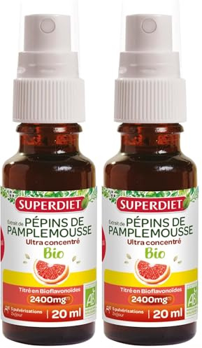 SUPERDIET- EXTRAIT DE PÉPINS DE PAMPLEMOUSSE BIO- Titré en flavonoïdes à 2400mg - Vitalité - Sans alcool - Spray de 20ml (Lot de 2)