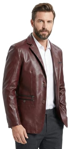 HESYSUAN Blazer de cuero para hombre, estilo casual, con solapa, suave, ajuste regular, 2 botones y bolsillos