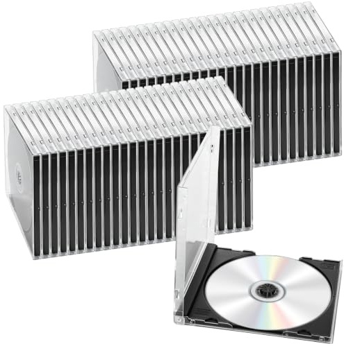 MUXHEL 50 Pcs 10.4 mm Blank CD Jewel Cases Standard Single Clear CD Case with Assembled Black Tray, Plastic DVD Cover for Protection & Replacement