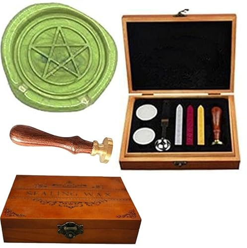 MNYR Wachssiegel Stempel Stern Pentagramm 5 Sterne spitz Verzierung Hochzeit Einladung Geschenkpapier Weinpaket Holzgriff Schmelzlöffel Siegelwachs Holz Geschenkbox Weihnachten Wachssiegelstempel Set
