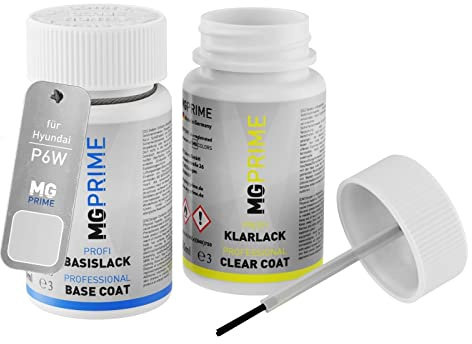 MG PRIME Autolack Lackstift für Hyundai P6W Chalk White Metallic + Klarlack | Set aus Basislack + Klarlack, Lackfläschchen mit Pinsel, je 50ml