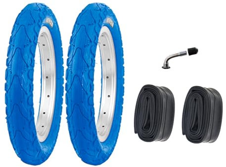 P4B | Komplettes 12 Zoll Reifen - Set | 2x 62-203 ( 12 1/2 x 2 1/4 ) Fahrrad Reifen in Blau | 2x AV formgeheizte Schläuche | Auto-Ventil | Fahrrad Mantel
