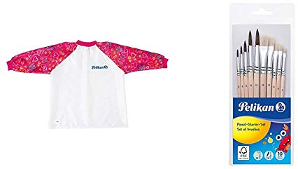 Pelikan 105353 - Malschürze Girl für Circa 6-9 Jahren mit Klettverschluss, rot & 700405 Pinsel Starter-Set mit 5 Haar- und 5 Borstenpinseln
