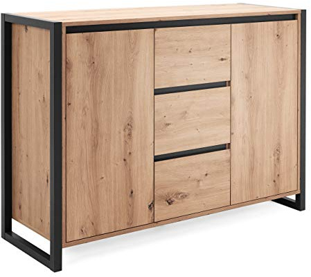 Newfurn Kommode mit Schubladen Wildeiche Anthrazit Sideboard Wohnzimmer | 2 Türen 3 Schubladen, Griffleiste, Metallgestell Kufenoptik, Highboard Anrichte, Komodenschrank 120 cm breit, für Flur