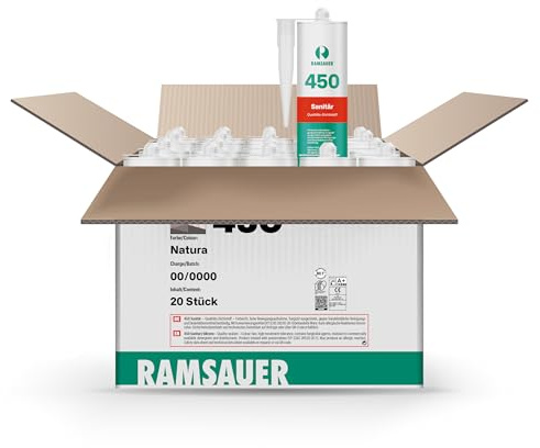 RAMSAUER 450 Sanitär 1K Silikon (Natura) - 20 Stück im Karton, ideal für Feuchträume & Nassbereiche, Lebensmittelbereich, leicht verarbeitbar, schnelle Tiefhärtung, optimale Glättbarkeit