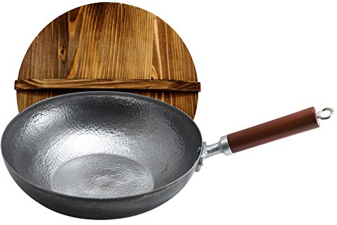 Wok Pan Induktion, Eisentopf Aus 100% Kohlenstoffstahl Mit Abnehmbarem Holzgriff, Pfanne 32 cm, Flachem Boden Für Elektroherd, Induktionsherd Und Gasherde, Ofensicher,32cm