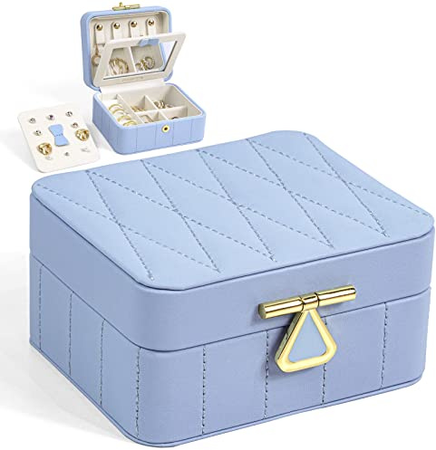 KAMIER - Scatola Organizzatore da Viaggio, Portagioie in Pelle Trapuntata Diamante con Specchio, Piccolo Portatile per Donne, Blu