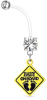 Paula & Fritz® Bauch-nabelpiercing Schwangerschafts-Piercing Schild Baby ON Board Zirkonia Klar Bio Flexibler Stab Bauch-Piercing Nabel-Piercing