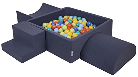 KiddyMoon Spielplatz Aus Schaumstoff Mit Quadrat Bällebad (300 Bälle) Ballgruben Für Babys Spielbad Hindernisläufen, Hergestellt In Der EU, Dunkelblau:Hellgrün/Orange/Türkis/Blau/Bblue/Gelb