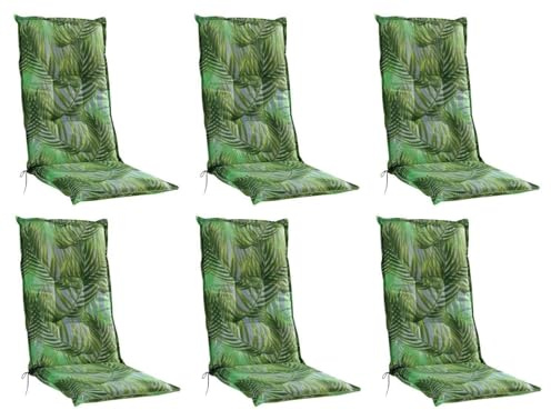 Home4You Gartenstuhlauflagen Hochlehner 6er Set - 120 x 50 cm - Grün - Baumwolle - Polyester - Palmenmotiv - Sesselauflage Sitzpolster Stuhlauflage