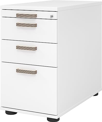 bümö Schreibtisch Schrank Büro mit Hängeregister für Hängeordner, Schubladenschrank Holz in weiß, Container mit Schubladen & Hängeregistratur - Schreibtisch Kommode mit Streifengriffe