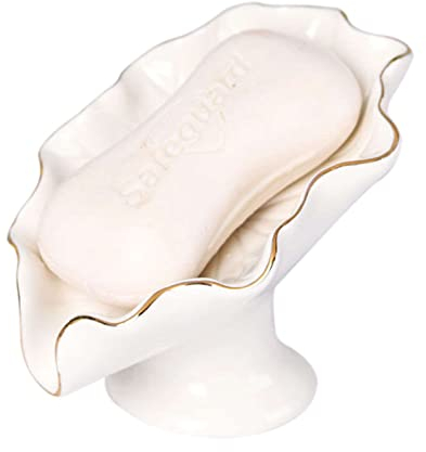 OWLKAY Soap DishSoap Tray，Soap Drainer Rack，European Maple Leaves Style Soap Holder, Ceramics Soap Dishes for Bar Soap, Porcelain Soap Saver, Soap Tray, for Bathroom Decoration-White-13x8.5x9.5cm