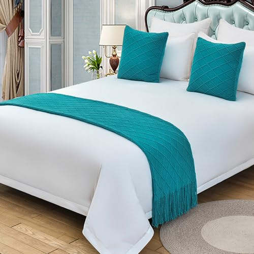 Tinta unita Lavorato A Maglia Bed Runner Copriletto Diamond Bed Sciarpa Coperta di Lusso Biancheria Da Letto Decor Divano Asciugamani per Camera da letto e Hotel-Lake Blue||240X60cm for 1.8m Bed
