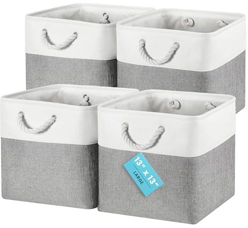 OrganiHaus Set di 4 Cubi Scatole Portaoggetti 33x33, Cestini Portaoggetti in Tessuto con Manici in Corda, Cubi Portaoggetti Pieghevoli per Libreria Kallax, Cestino per la Cameretta. Grigio/Bianco