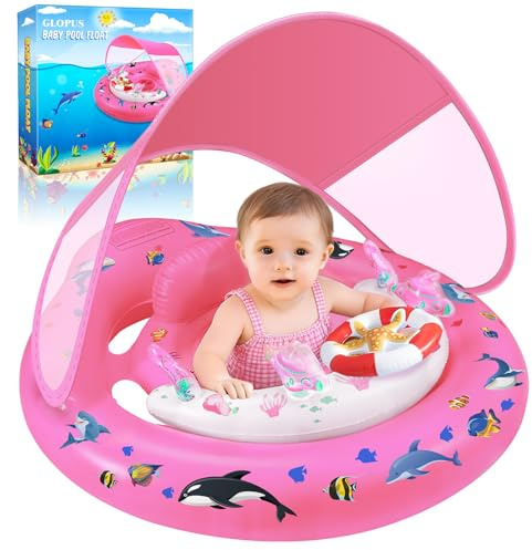 Baby Pool Float with Canopy UPF50+ Sun Protection, Inflatable Kids Pool Floats with Toy Play Console for Baby 6-36 Months, Infant Swimming Float with Adjustable Safety Seat for Boys Girls
