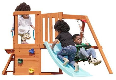 Dolphin Playground 5-in-1 Toddler Swing Sets with Slide for Backyard, Toddler Outdoor Playset with Baby Swing, Table, Blackboard, Kid Slide, Rock Climbing Wall, Ages 18 mo to 4 yrs