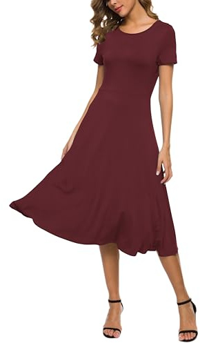 Mujeres Casual Sólida Cuello Redondo Midi Vestido Elástico Manga Corta Verano Vestido Largo(L, Vino Rojo)