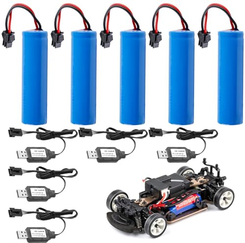 5 Stück 3.7V 18650 Akku, 1200mAh Lithium Lonen Batterien,Li-Ion Battery mit 5 SM-2P Plug&USB Ladekabel, Li-ion Power Ersatz Akku RC Recgargeble Battery für Panzer Autos RC Fahrzeuge Roboter