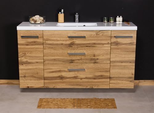 Quentis Badmöbelset Genua Breite 140 cm, Eiche Natur, Waschbecken und montierter Waschbeckenunterschrank, 3 Schubladen, Softeinzug