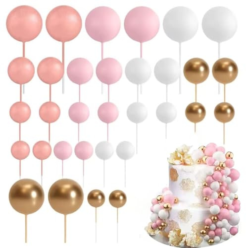 Mini Balloon Cake Topper, 64pcs Happy Birthday Cake Decoration Set Wedding Cake Decoration for Anniversary Graduation Birthday Party Baby Shower (Pink)