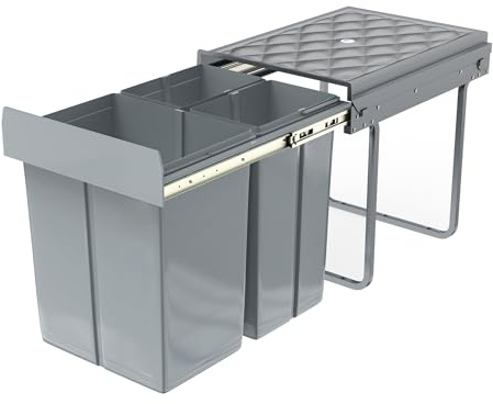 XMTECH Poubelle encastrable de cuisine à tiroir - Poubelle encastrable sous meuble - Système de tri des déchets - 3 compartiments extensibles - 1 x 20 l et 2 x 10 l - Sortie totale avec rails