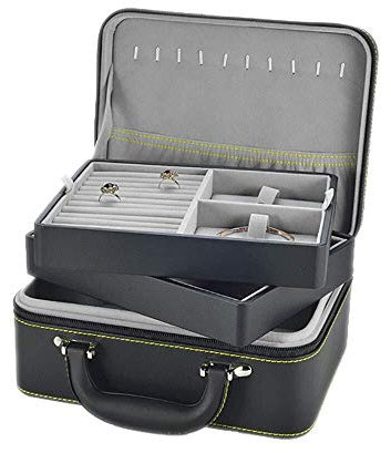 Aioneer Schmuckkästchen tragbarer Schmuck-Organizer aus Leder 2-lagig Schmucktruhe mit großem Fassungsvermögen für Ringe Halsketten und Ohrringe Schwarze Schmuckschatulle fü
