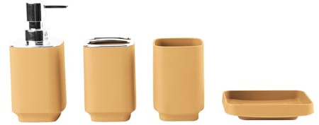 Hosoncovy Set di 4 accessori da bagno con dispenser di sapone, tazza da bagno, portasapone, spazzolino da denti e dentifricio (giallo Morandi)