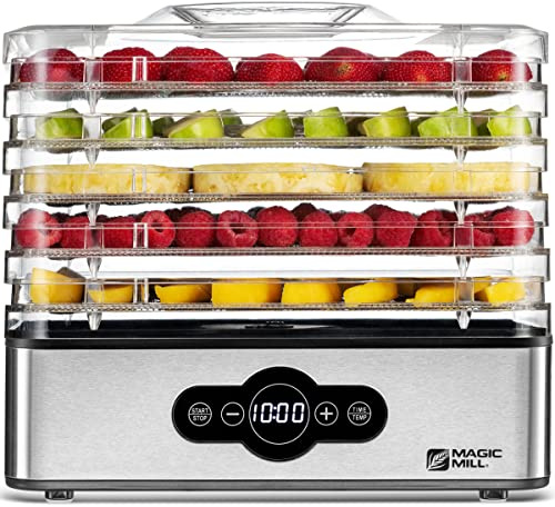 Magic Mill Food Dehydrator Machine | 5 Stackable Stainless Steel Trays Jerky Dryer with Digital Adjustable Timer & Temperature Control - Electric Food Preserver for Fruits, Veggies, Meats & Dog Treats (Renewed)