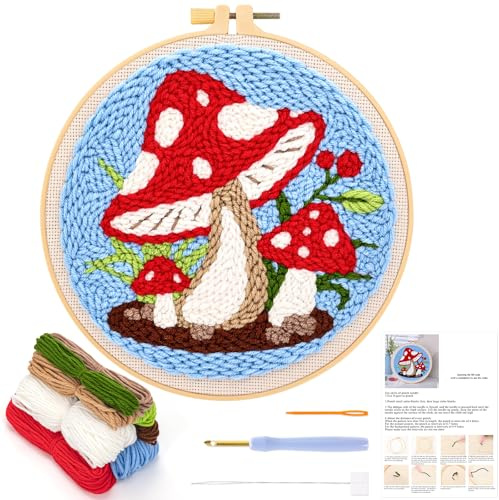 JSRQT Punch Needle Set Anfänger Pilz Stanznadel Stickerei Starter Kit für Kinder Erwachsene Debutant Stanznadelstoff Muster Basteln Geschenk Embroidery