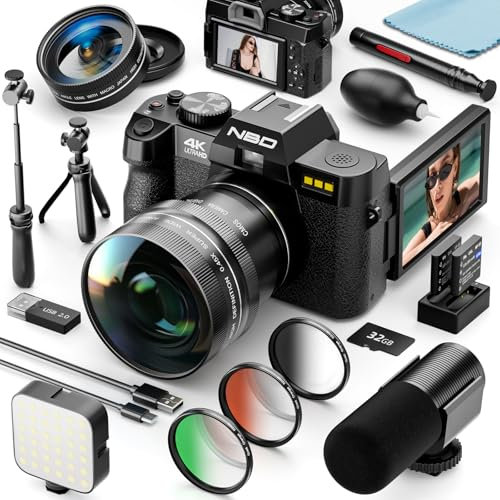 NBD 4K Digitalkamera 48MP mit Autofokus & 16X Zoom: Profi-Set mit 16 Zubehör, 3 180° klappbarem Display, WiFi (schwarz)
