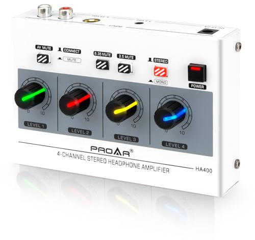 PROAR 4 Channel Headphone Amplifier 7 Color Light Headphones Amp for Music Studio with Mono/Stereo Multi-Port Metal Headphones Audio Splitter with 1/4 & 1/8 TRS Headphones Output and 3 Input Port