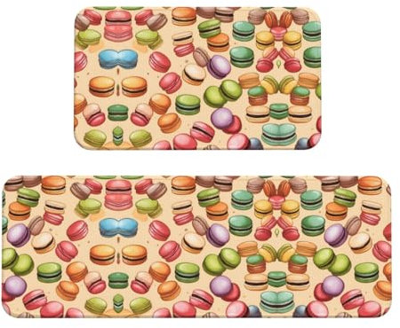 Macaron - Set di 2 tappetini da cucina con stampa aromatizzata di biscotti, antiscivolo, impermeabili, per uso domestico e ufficio