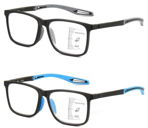 Missfive 2 Pack Sportliche Gleitsichtbrille Herren Gleitsicht Lesebrille Multifokale Blaulichtfilter Vollrand Raumcomfort-Brillen Mit Federscharniere (Schwarz&Blau, Nähe-Mittlere Entfernung, 1.5x)