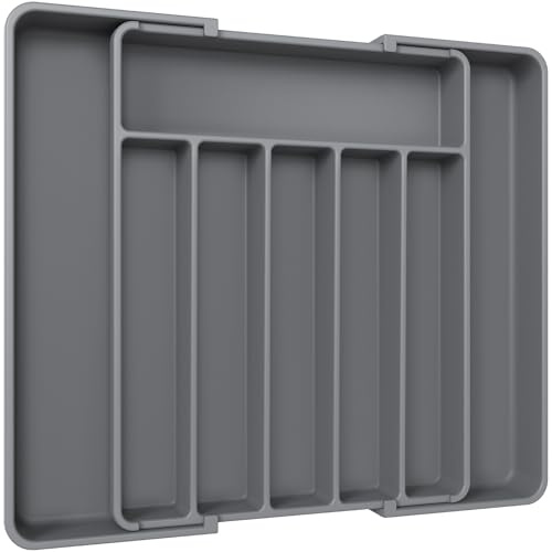 Aujen Cutlery Tray Drawer Organiser Kitchen Storage Grey 34x4x50cm | Adjustable Multipurpose Utensil Organisation for Forks, Knives, Expandable Kitchen Accessories, Home Apartment Essentials