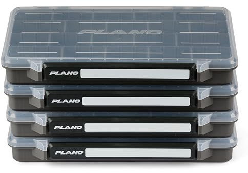 Plano StowAway 3700 Stow Tackle Box, 4 Pack, with Corrosion-Preventive Rustricor, Single Latch Design, Transparent DuraView Lid, Stackable Storage for Fishing Bait, Lures and Gear
