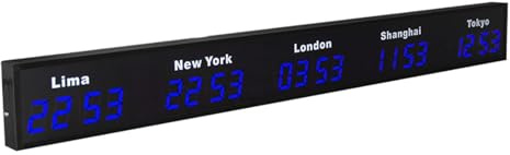 Orologio mondiale digitale a LED, orologio con 3/4/5 città e fusi orari multipli con display HD, città personalizzabili, grandi orologi elettronici da parete per hotel(Blue,5)
